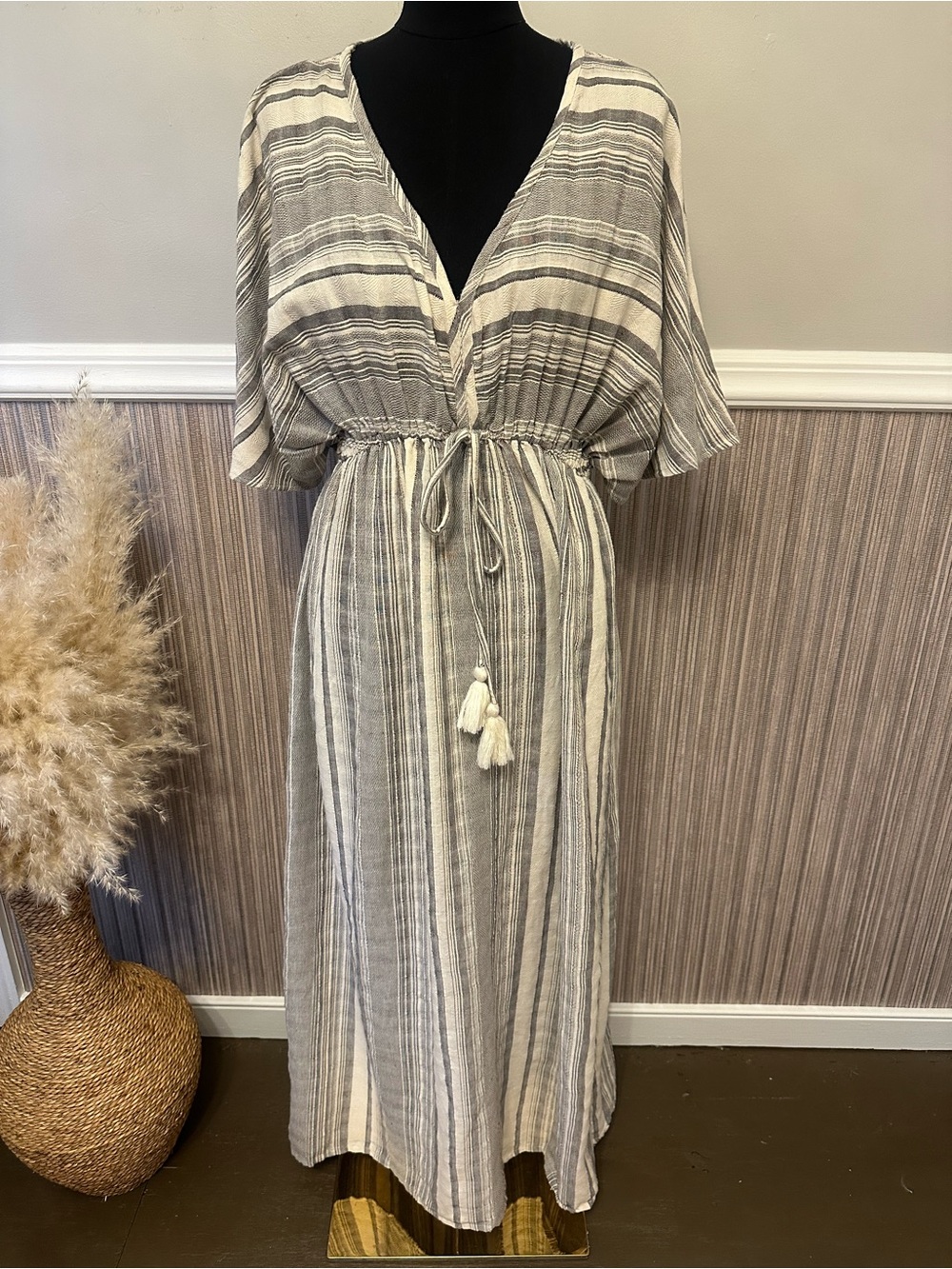 World Market Boho Striped Maxi Dress Tassel Tie Cotton L/XL - Picture 2 of 12